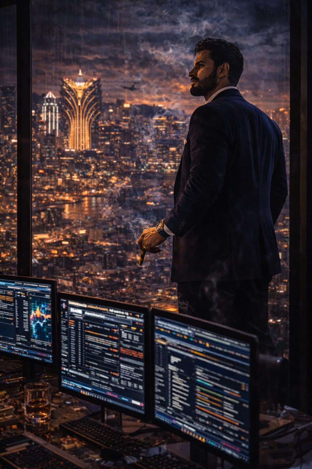 Tariq standing at the rain-streaked window — looking out at his neon kingdom