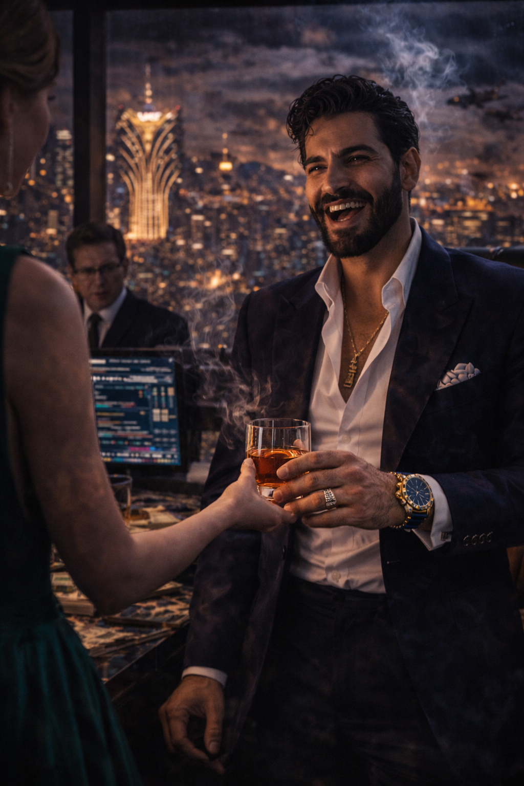 The Siren presenting the crystal cognac glass — Tariq's hand reaching for the decision