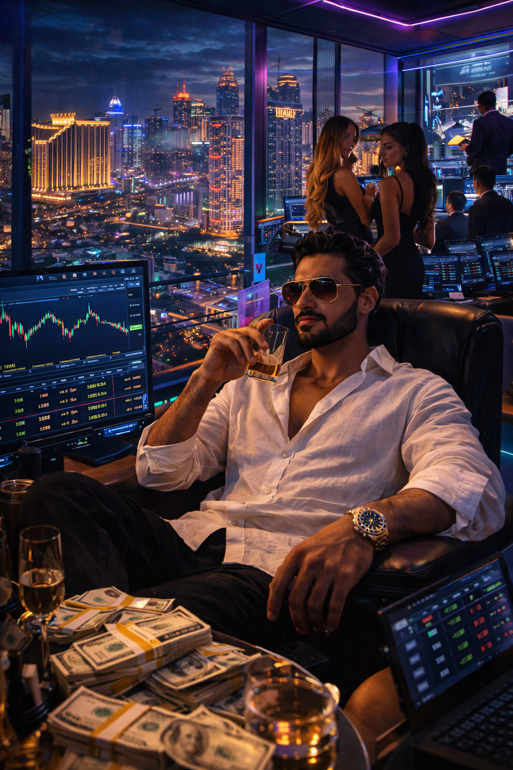 Tariq's Macau penthouse — neon-drenched command center above the Cotai Strip