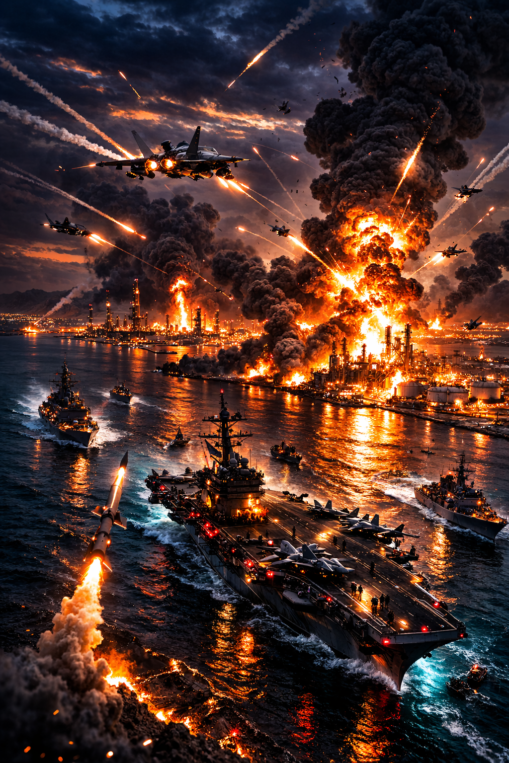 The Strait of Hormuz — warships and smoke, the real war fought in numbers not missiles