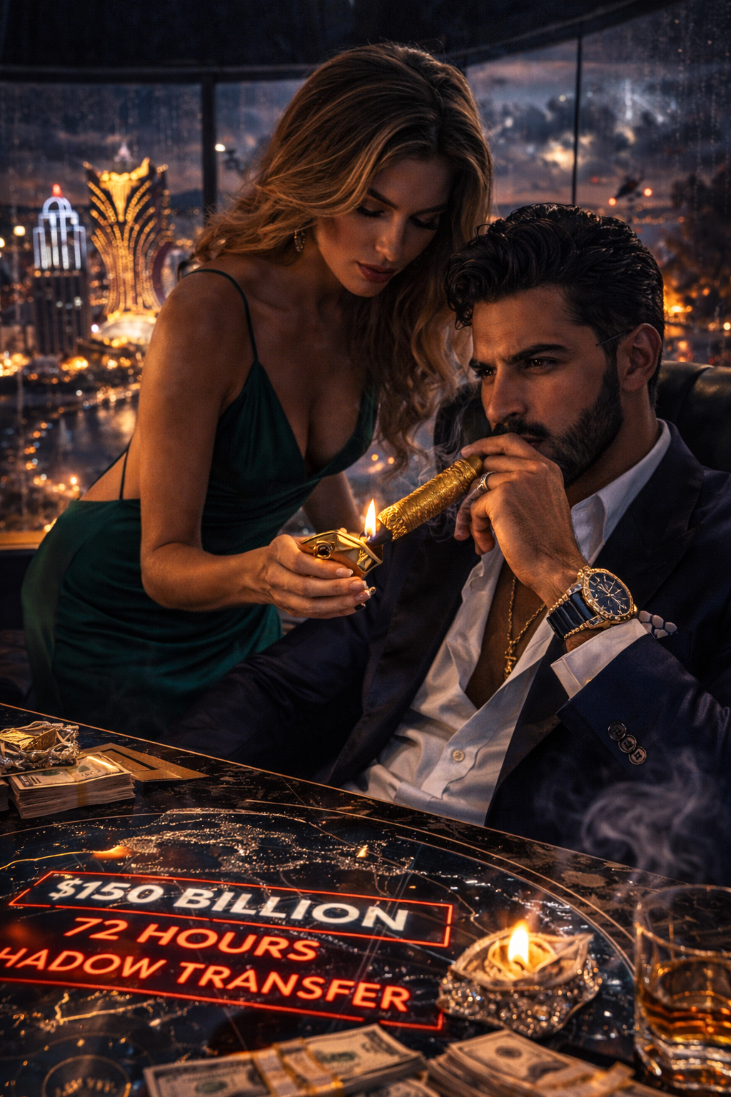 Baccarat table converted into a crisis command center — Bloomberg terminals in velvet darkness