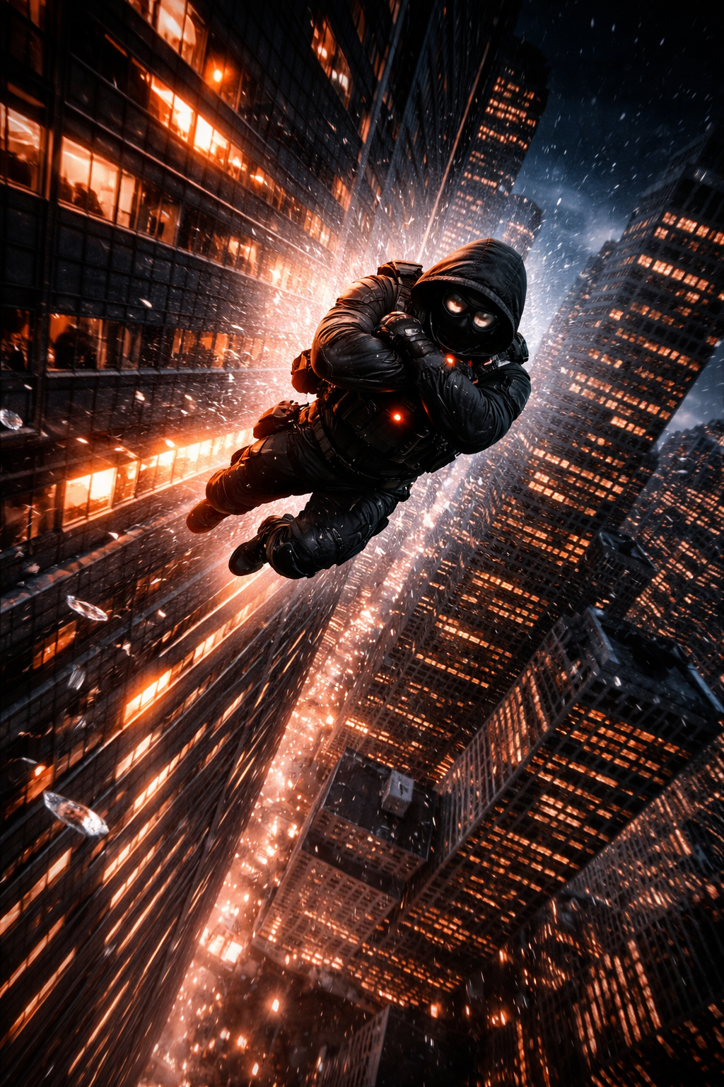 A white-and-blue eVTOL banking aggressively over the glowing grid of the Manhattan skyline.