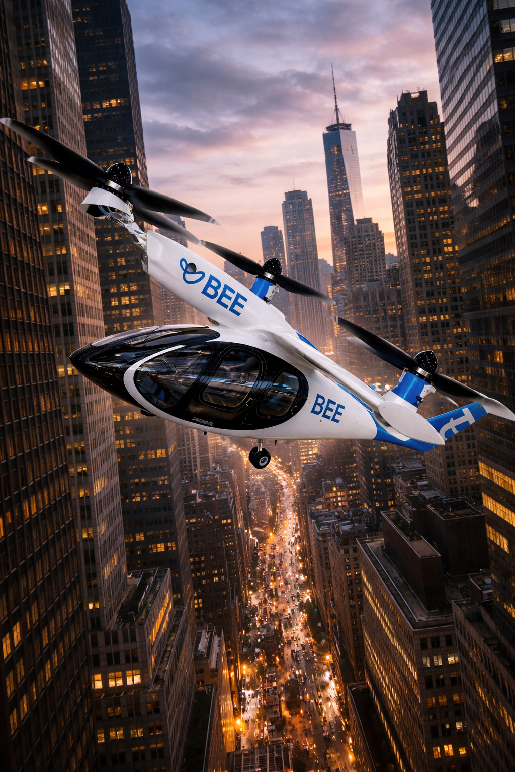 A white-and-blue eVTOL banking aggressively over the glowing grid of the Manhattan skyline.