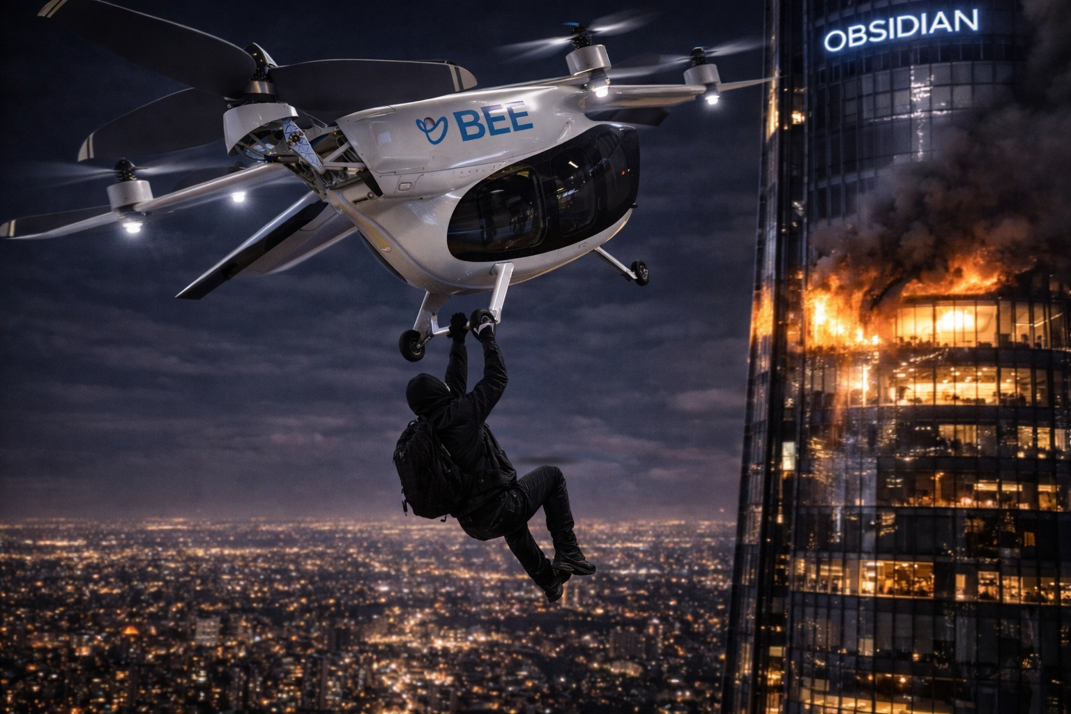 A white-and-blue eVTOL banking aggressively over the glowing grid of the Manhattan skyline.
