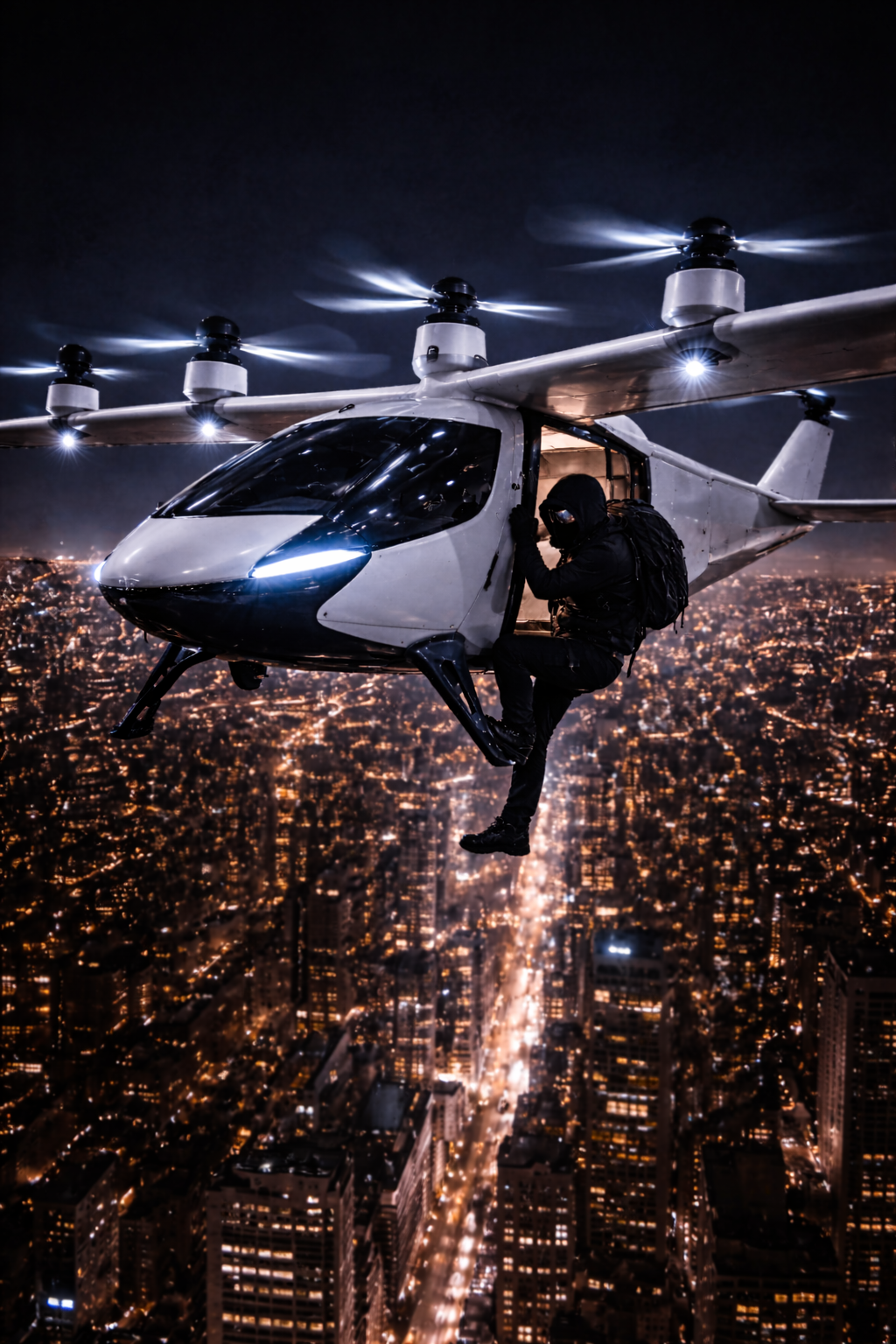 A white-and-blue eVTOL banking aggressively over the glowing grid of the Manhattan skyline.