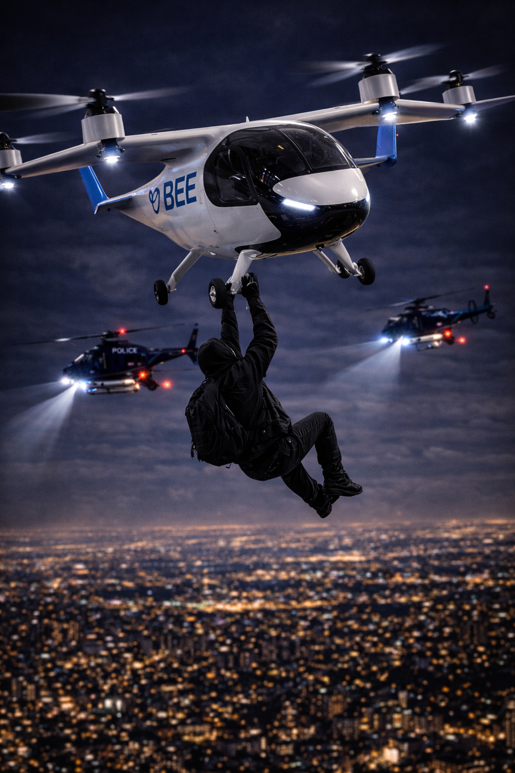 A white-and-blue eVTOL banking aggressively over the glowing grid of the Manhattan skyline.