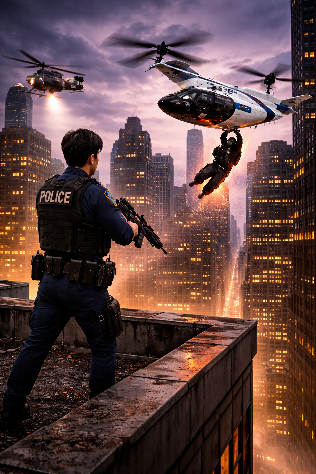 Zero climbing into the cabin of the eVTOL high above the glowing city streets.