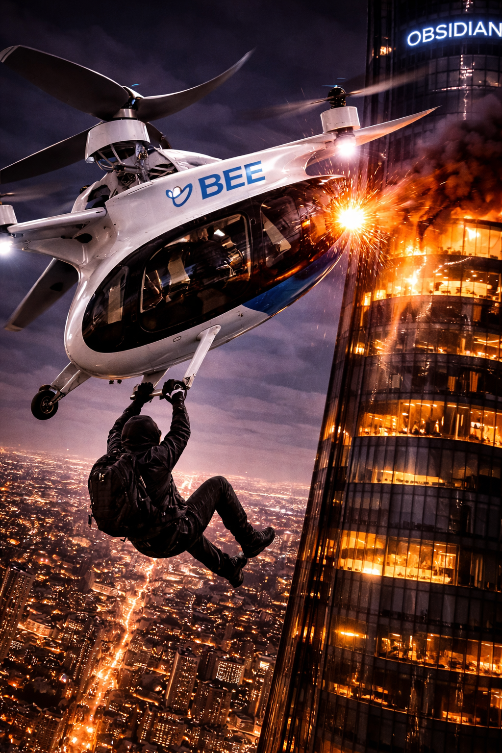 Zero climbing into the cabin of the eVTOL high above the glowing city streets.