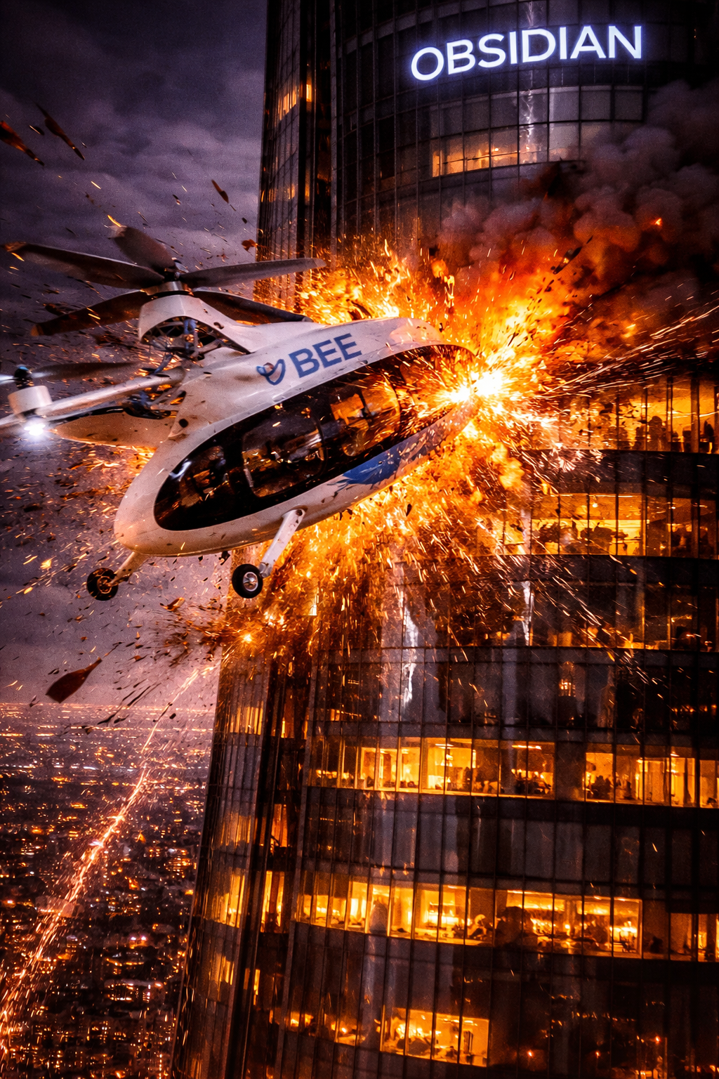 Zero climbing into the cabin of the eVTOL high above the glowing city streets.