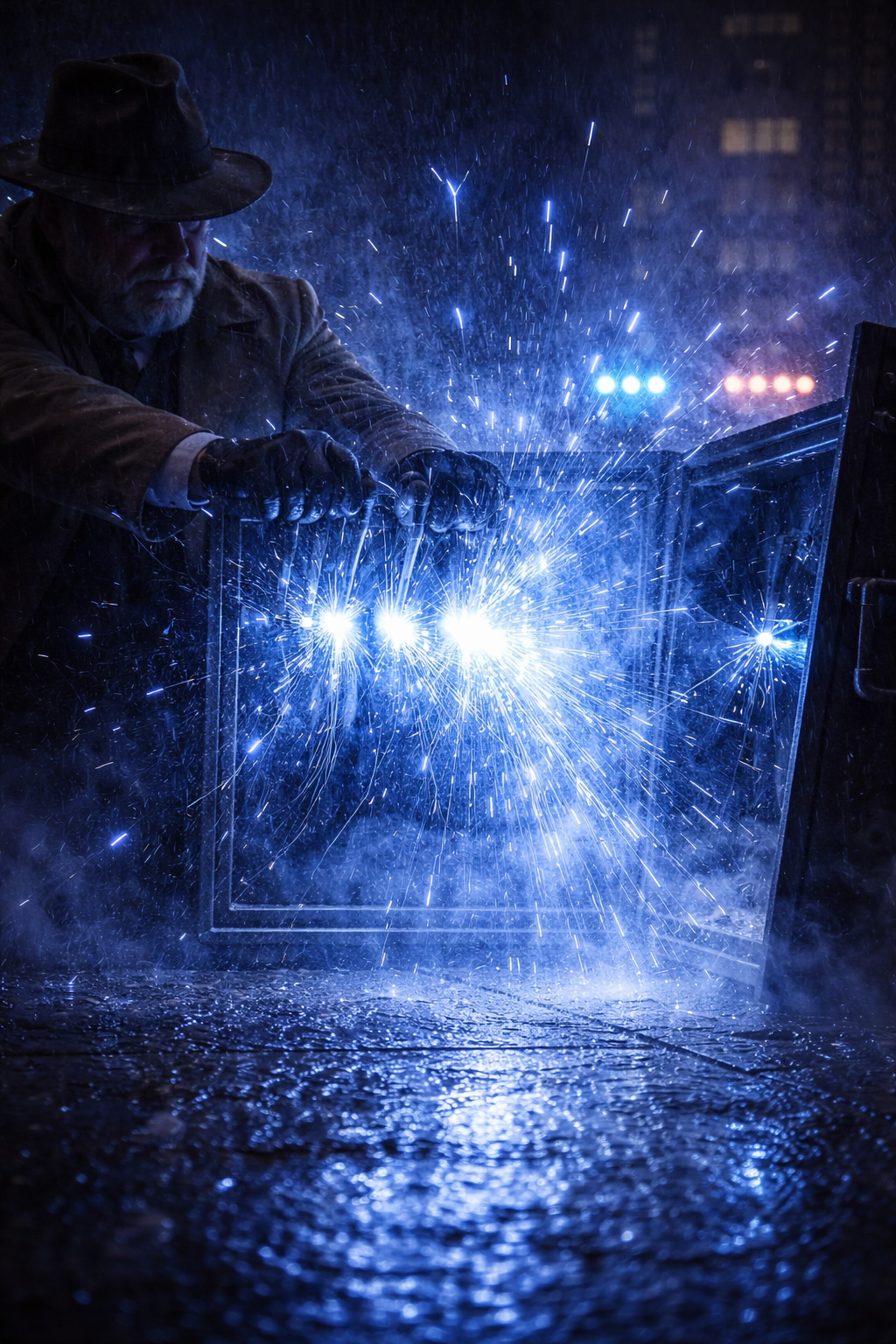 A white-and-blue eVTOL banking aggressively over the glowing grid of the Manhattan skyline.