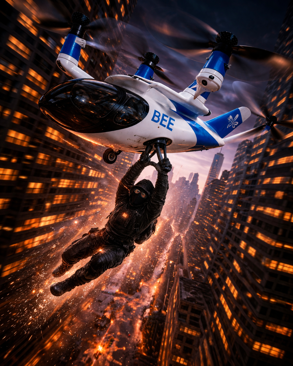 A white-and-blue eVTOL banking aggressively over the glowing grid of the Manhattan skyline.