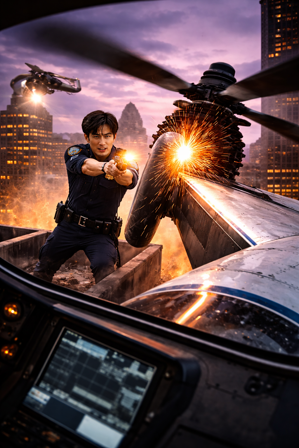 A white-and-blue eVTOL banking aggressively over the glowing grid of the Manhattan skyline.