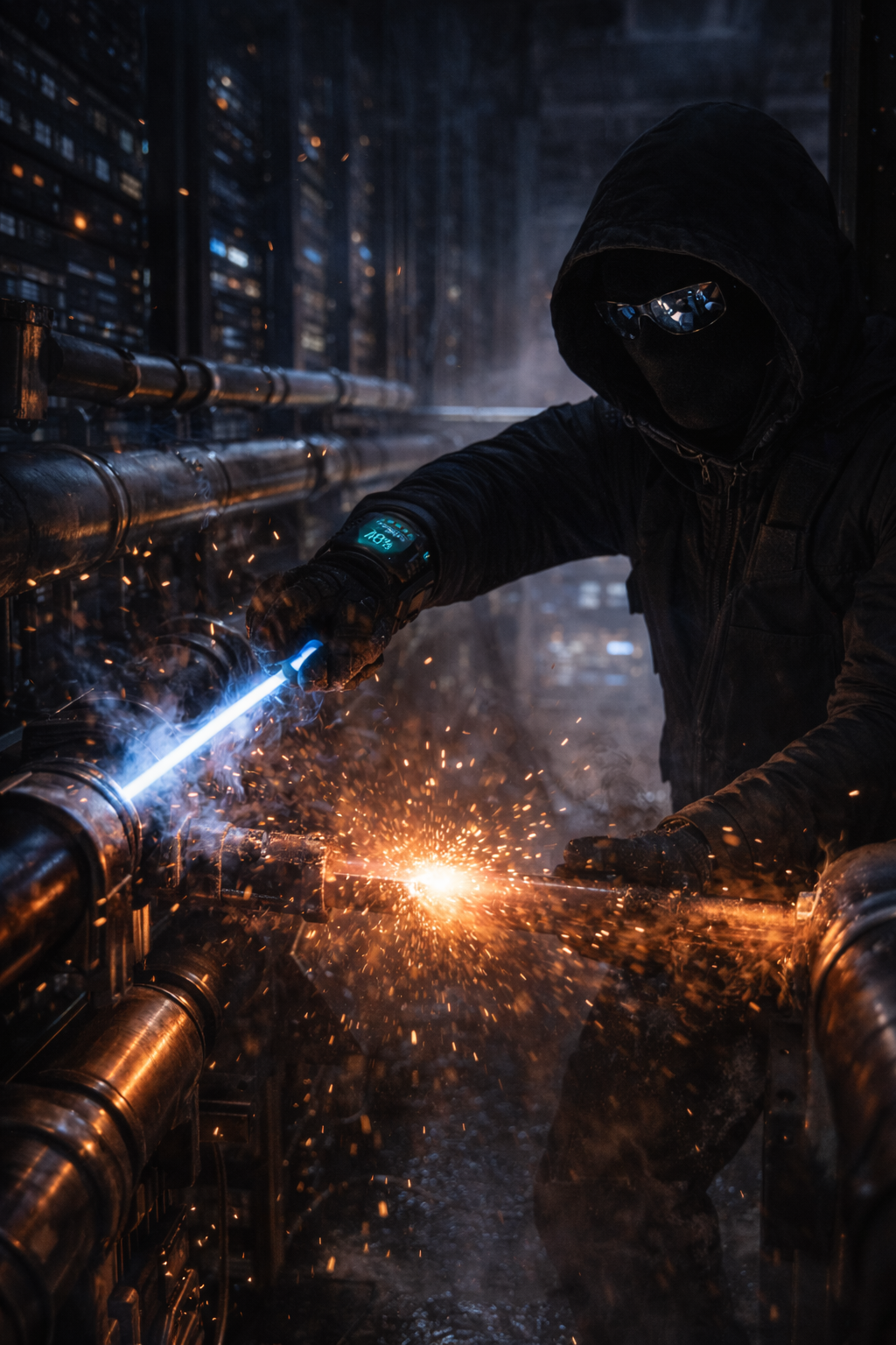 A white-and-blue eVTOL banking aggressively over the glowing grid of the Manhattan skyline.