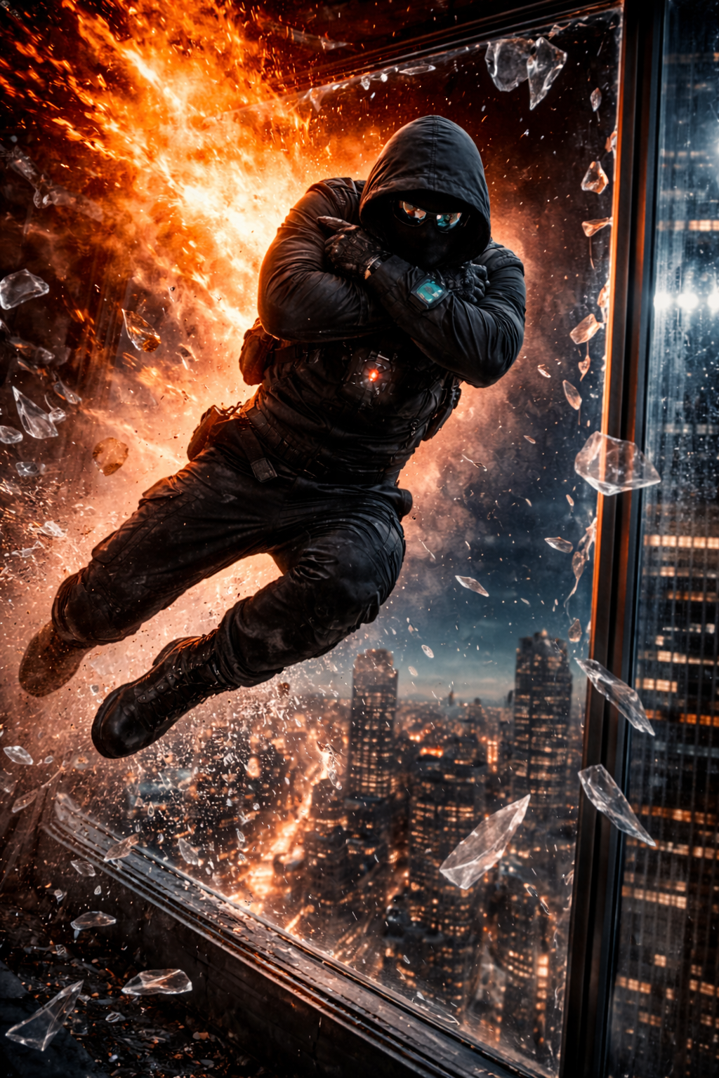 A white-and-blue eVTOL banking aggressively over the glowing grid of the Manhattan skyline.