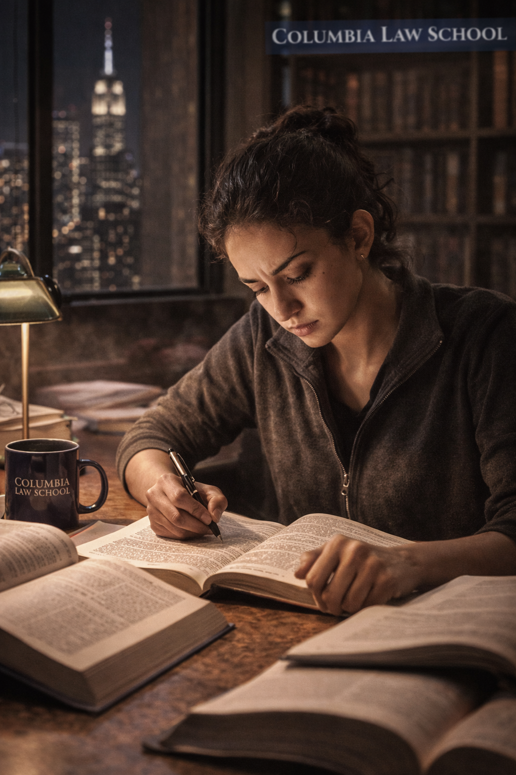 Commissioner Thorne in a navy blue architectural coat and silk hijab standing in her office