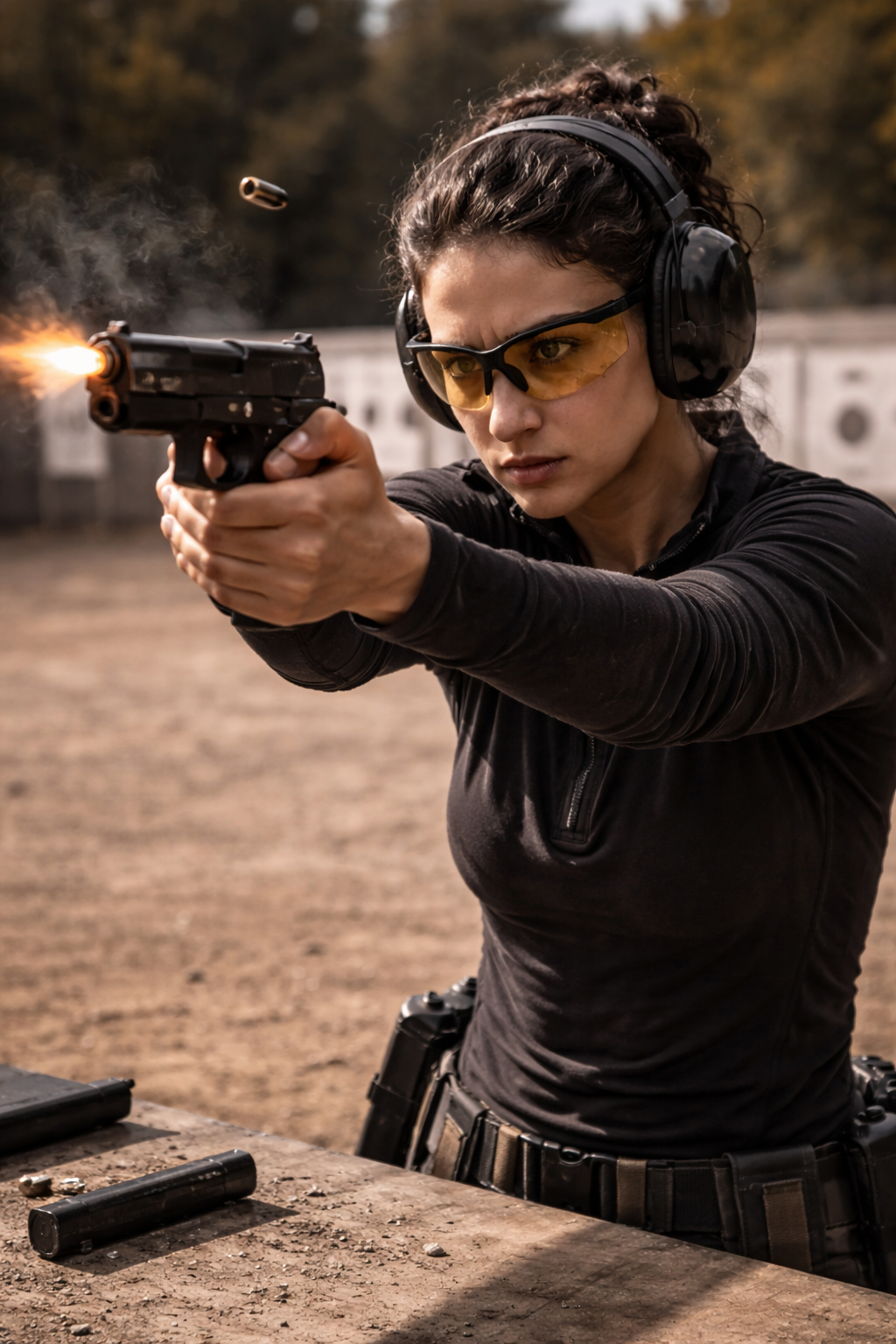 Commissioner Thorne in a navy blue architectural coat and silk hijab standing in her office