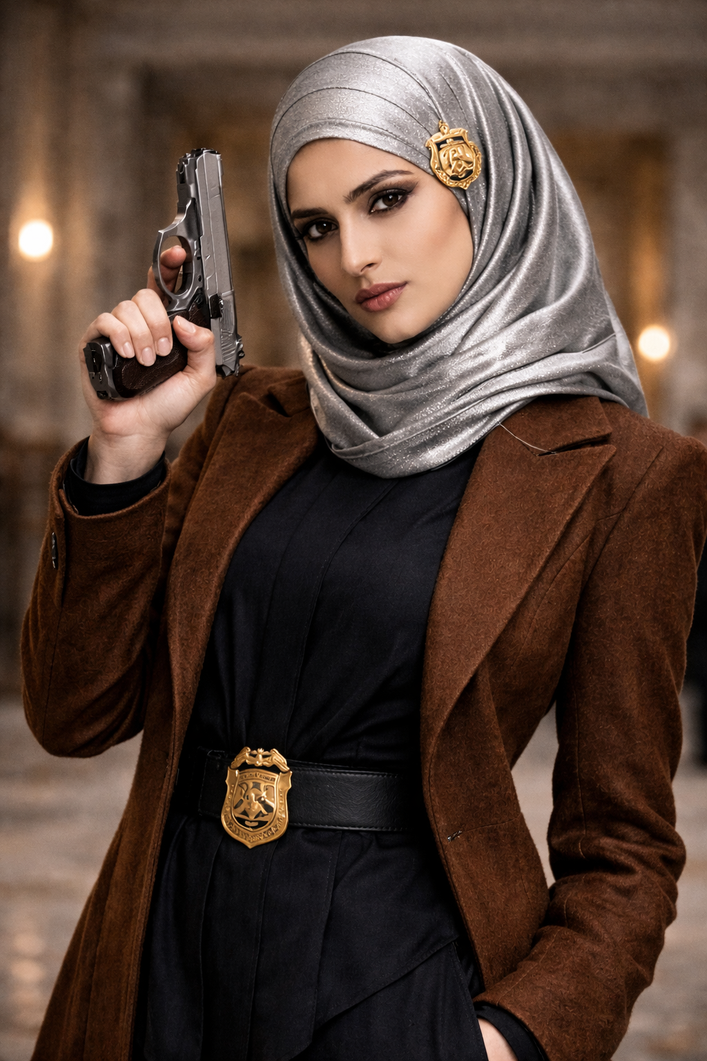 Commissioner Thorne in a navy blue architectural coat and silk hijab standing in her office