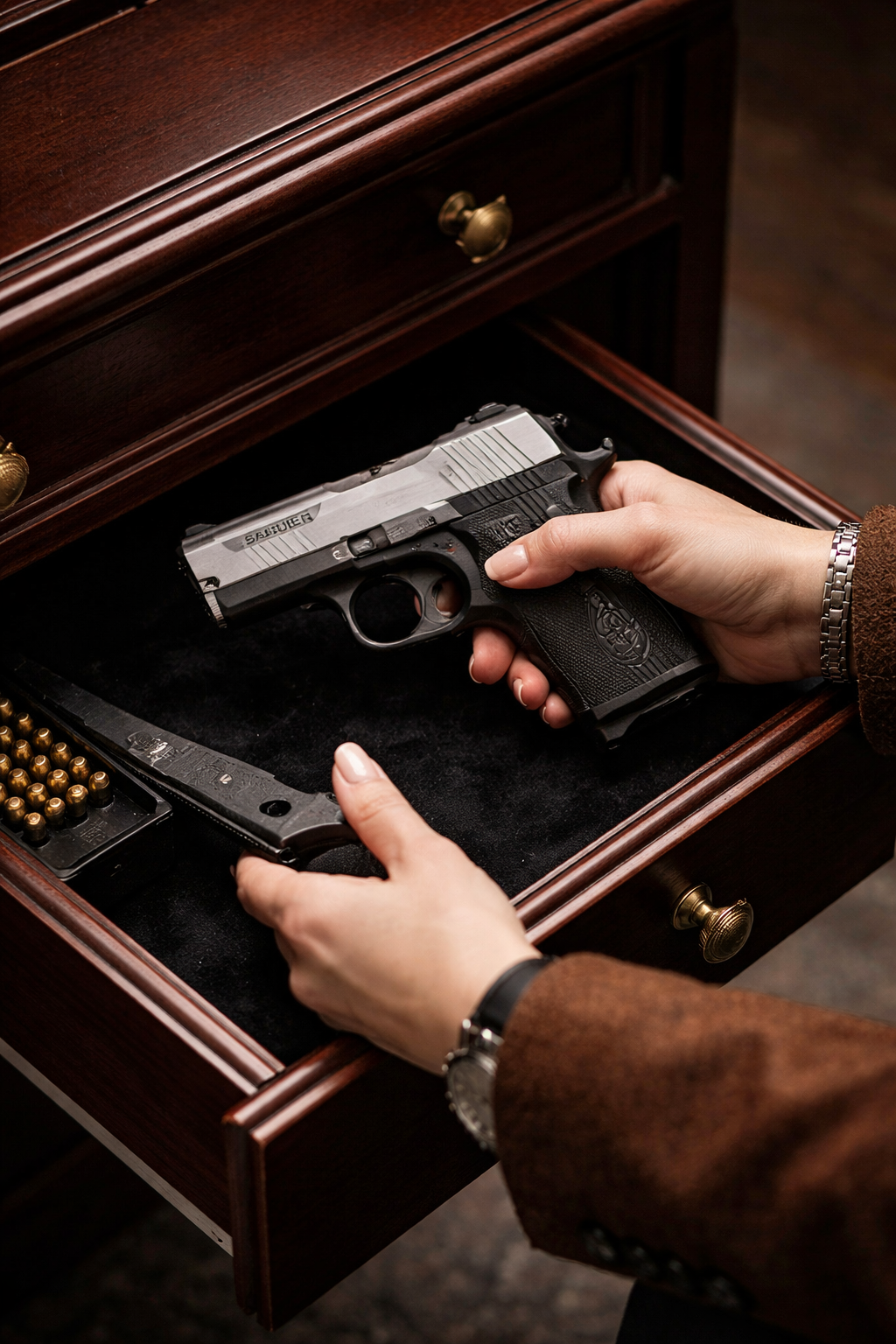 Commissioner Thorne in a navy blue architectural coat and silk hijab standing in her office
