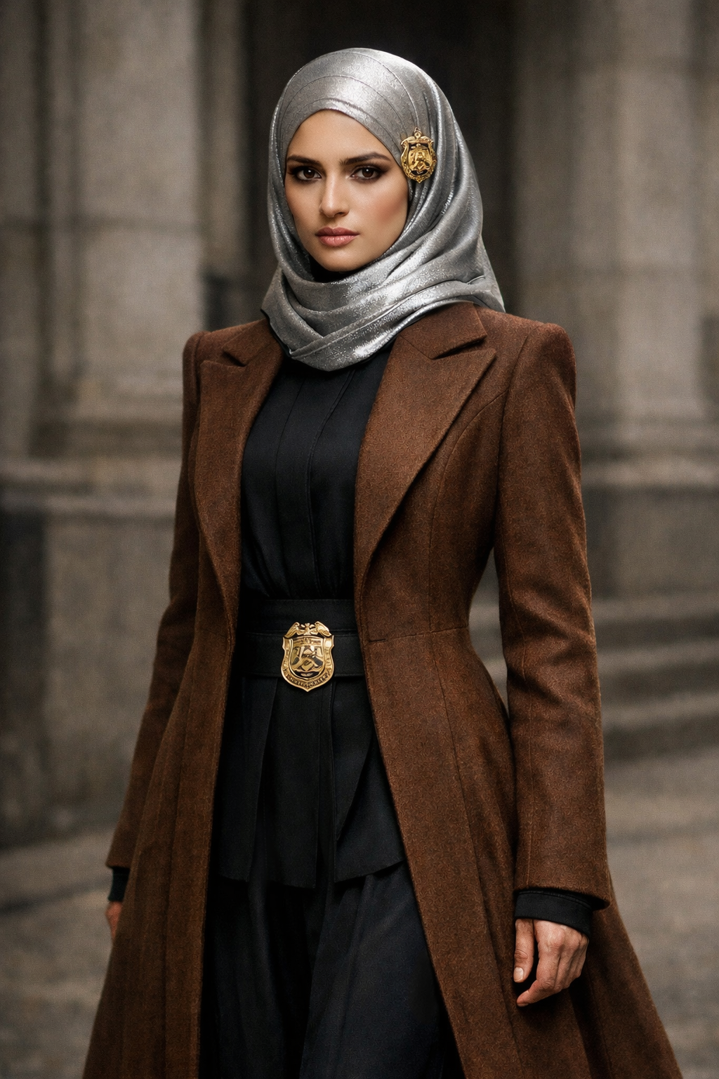 Commissioner Thorne in a navy blue architectural coat and silk hijab standing in her office